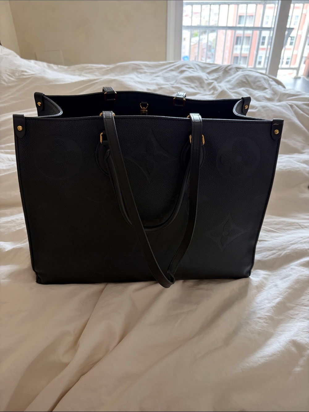 Luxury Black Leather Tote Bag - Designer Embossed Monogram